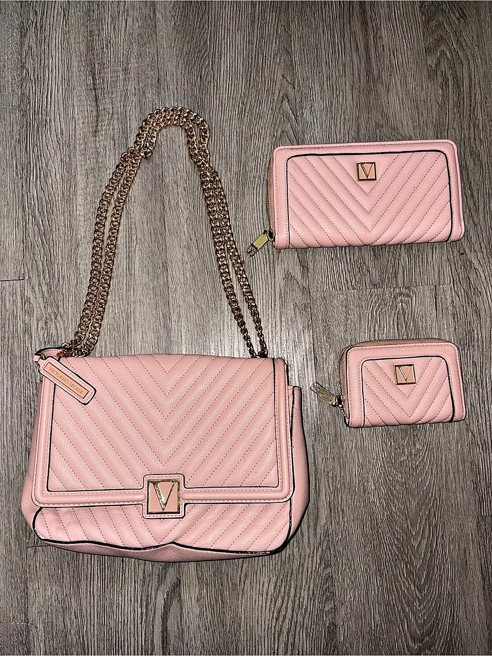 Victoria's Secret Blush Pink V-Quilt 3-Piece Purse Wallet & Card Case Set